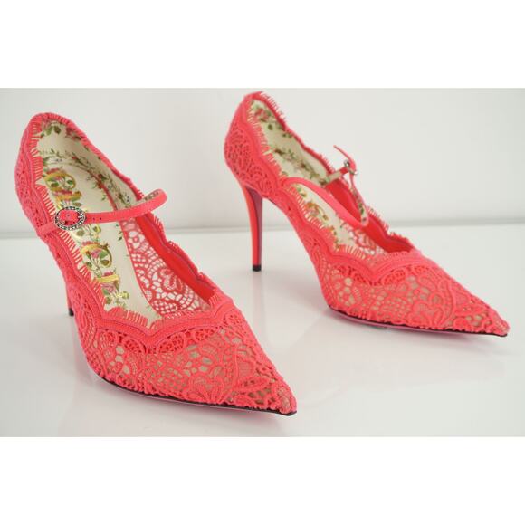 Gucci Virgina 95 Pink Lace Pointed Toe Pumps MJ Strap Size 39.5 NIB $1100 Neon - Picture 6 of 11